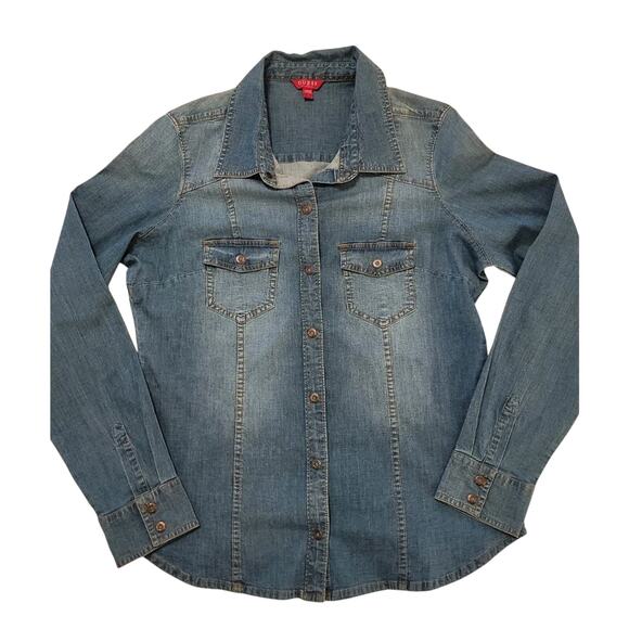 Guess Shirt Women Sz L, Denim, Snap Buttons, Classic Western, Fitted - Picture 1 of 10